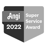 A black and gray badge reads "Angi 2022 Super Service Award," representing recognition for high-quality service in 2022.