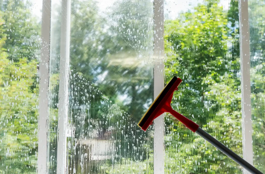 A squeegee is cleaning a large window covered in soapy water, with green trees and sunlight visible outside through the glass—a perfect example of professional window cleaning in action.