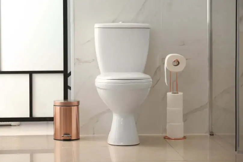 A clean white toilet in a bright bathroom, showing how to clean a toilet tank interior.