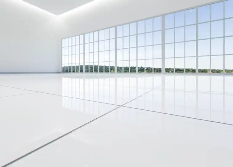 Shiny white floor tiles with clean lines, demonstrating how to clean grout effectively.