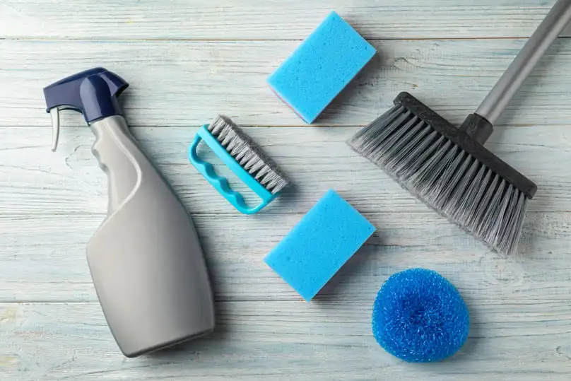 A spray bottle, various brushes, and blue sponges are neatly arranged on a light wooden surface, ready for use, illustrating a basic cleaning supplies list.