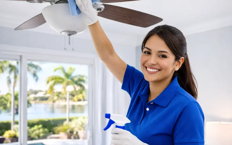 A woman in a blue shirt and white gloves smiles while cleaning a ceiling fan with a cloth and holding a spray bottle. Sunlight streams into the bright Cloud Lake room, where palm trees sway just outside the large windows.