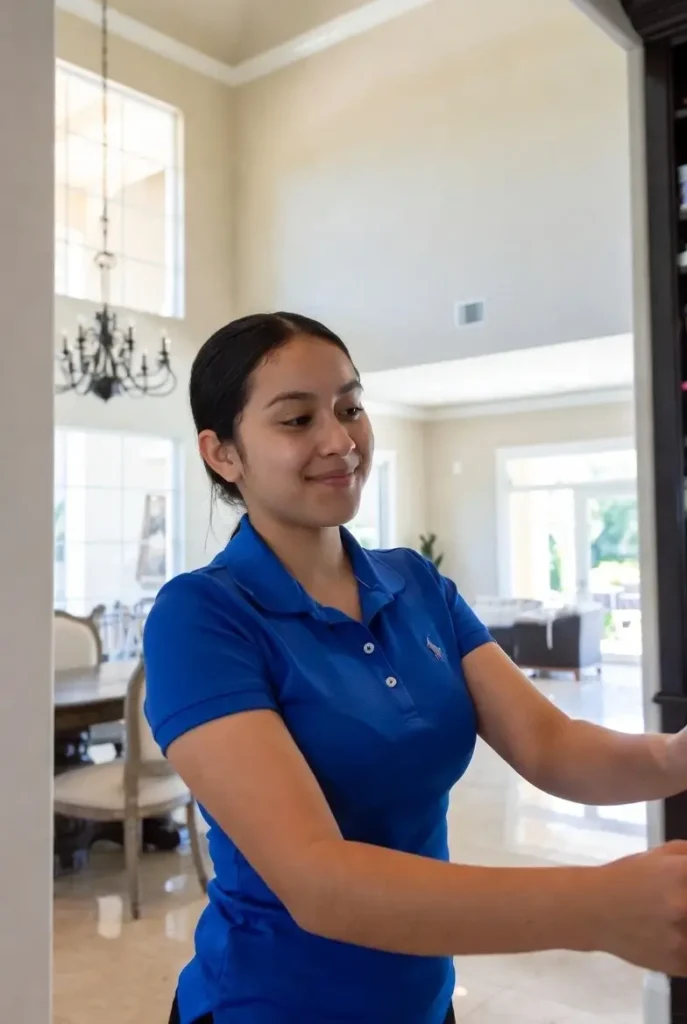 A woman in a blue polo shirt is smiling while organizing a shelf in a bright, modern Cloud Lake living space with large windows and a dining area in the background.